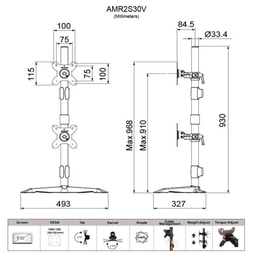 Amer Mounts - Dual vertical monitor stand for up to 32" displays VESA mounting support - AMR2S30V