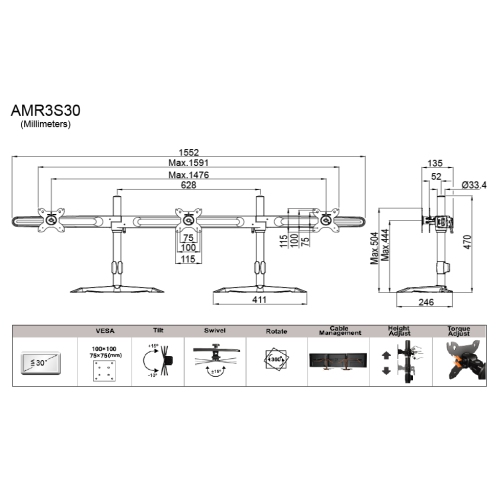 Amer Mounts - Triple monitor stand for up to 30" displays VESA mounting support - AMR3S30