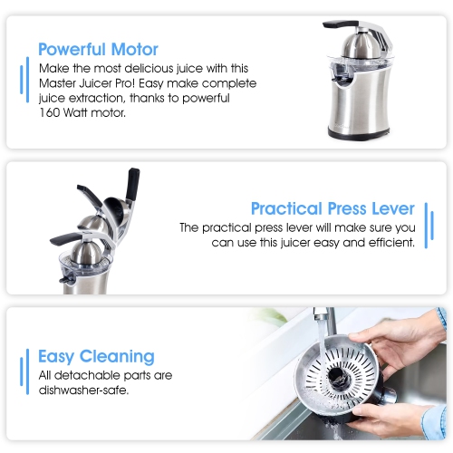 Presse-agrumes en acier inoxydable Barton, poignée en aluminium moulé, 160 W ,deux cônes transparents pour orange et citron…