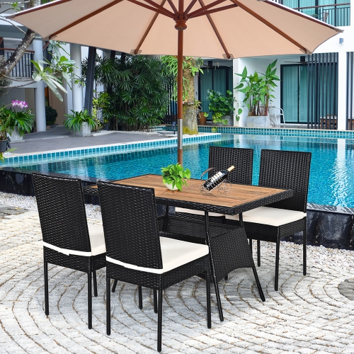 Costway 5 PCS Patio Rattan Furniture Set Wood Top Table Cushioned Chairs Garden Yard Deck