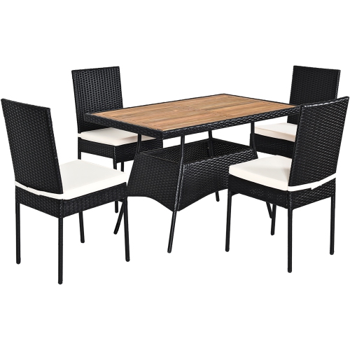 Costway 5 PCS Patio Rattan Furniture Set Wood Top Table Cushioned Chairs Garden Yard Deck