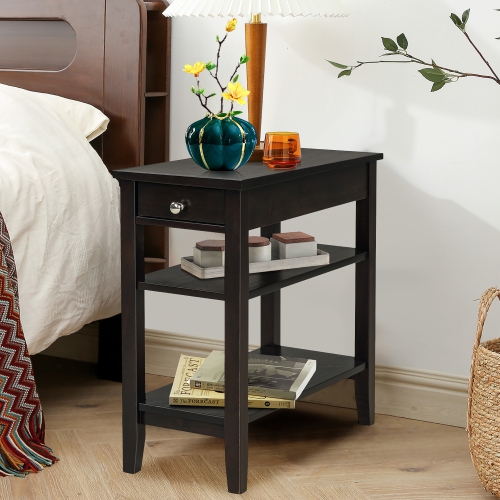 Costway 3-Tier Side End Table with Drawer Double Shelf Narrow Nightstand
