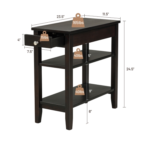 Costway 3-Tier Side End Table with Drawer Double Shelf Narrow Nightstand