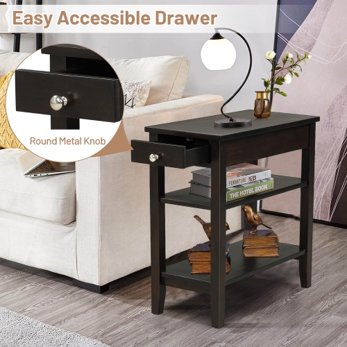 Costway 3-Tier Side End Table with Drawer Double Shelf Narrow Nightstand