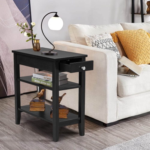 Costway 3-Tier Side End Table with Drawer Double Shelf Narrow Nightstand