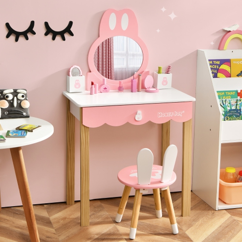 Costway Kids Vanity Set Rabbit Makeup Dressing Table Chair Set W/ Mirror Drawer