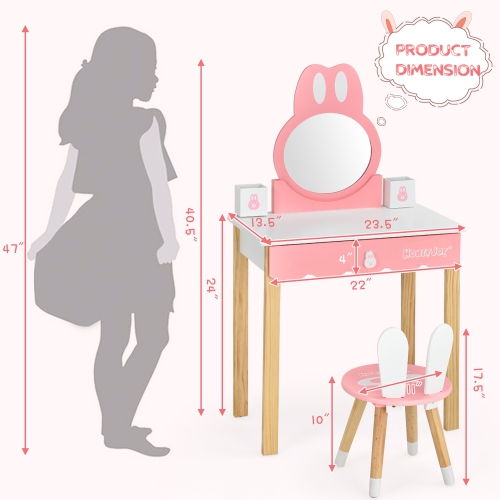 Costway Kids Vanity Set Rabbit Makeup Dressing Table Chair Set W/ Mirror Drawer
