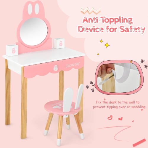 Costway Kids Vanity Set Rabbit Makeup Dressing Table Chair Set W/ Mirror Drawer