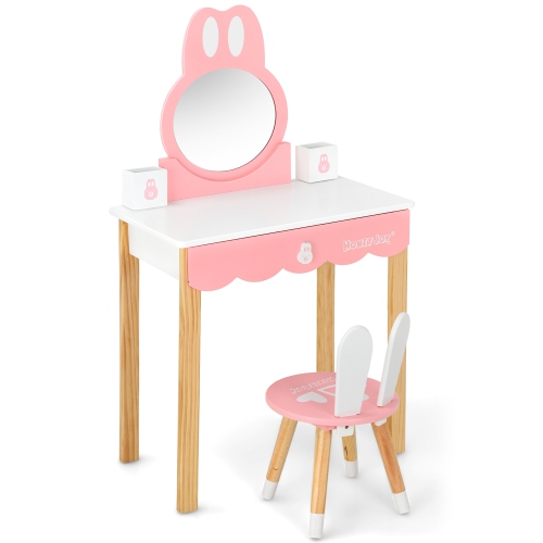 Costway Kids Vanity Set Rabbit Makeup Dressing Table Chair Set W/ Mirror Drawer
