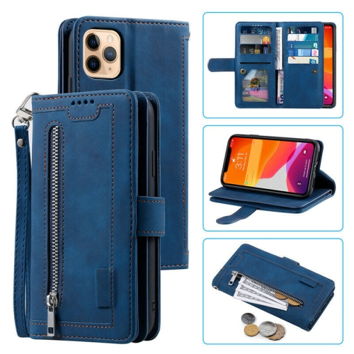 WILLCASE  Wallet Leather Magnetic Case Shockproof Leather Zipper Flip Cover Credit Card Holder for Iphone 13 Pro Max (Blue)