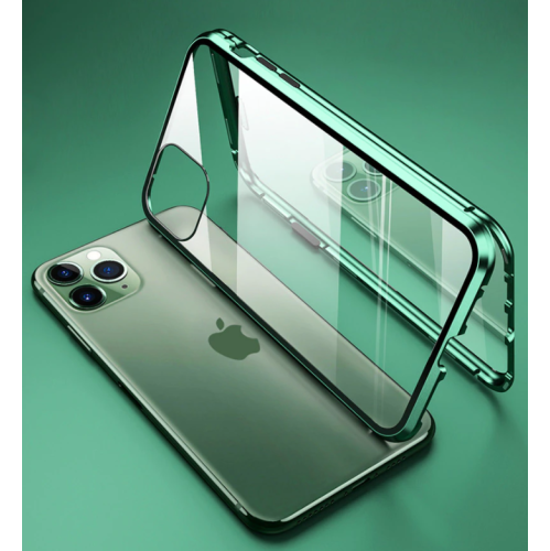 BRENDA  360° Front+Back Clear Tempered Glass Metal Magnetic Case Cover for Iphone 13 Pro Max (Green)