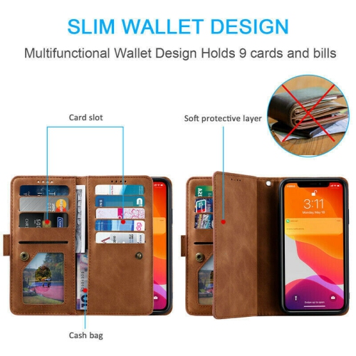 WillCase Wallet Leather Magnetic Case Shockproof Leather Zipper Flip Cover Credit Card Holder for iPhone 13 - Free Shipping