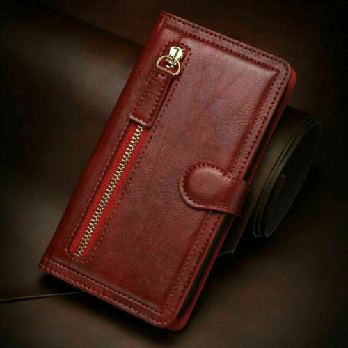 KELVIN  Leather Flip Zipper Magnetic Wallet Phone Case Card Holder for Samsung Galaxy S21 Ultra (Wine Red)