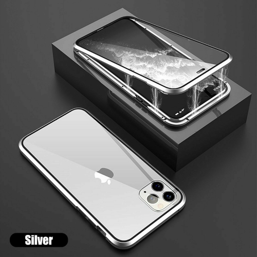 BRENDA  360° Front+Back Clear Tempered Glass Metal Magnetic Case Cover for Iphone 13 (Silver)