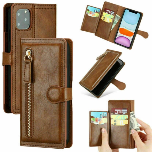 KELVIN  Leather Flip Zipper Magnetic Wallet Phone Case Card Holder for Iphone 12 And 12 Pro (Brown)
