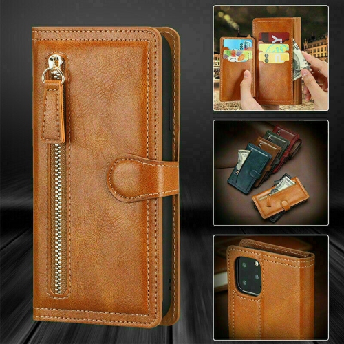 KELVIN  Leather Flip Zipper Magnetic Wallet Phone Case Card Holder for Iphone 12 And 12 Pro (Orange)