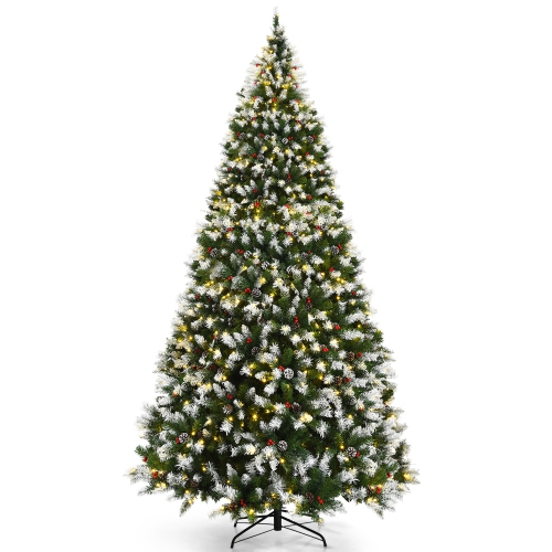 COSTWAY  9Ft Pre-Lit Snowy Christmas Tree 2058 Tips W/ Pine Cones & Red Berries With 8 Lighting Modes