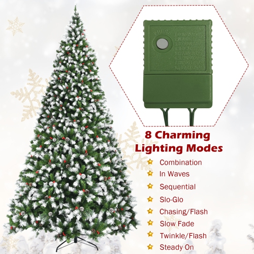 Costway 9ft Pre-lit Snowy Christmas Tree 2058 Tips w/ Pine Cones & Red Berries with 8 lighting modes