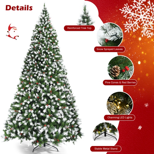 Costway 9ft Pre-lit Snowy Christmas Tree 2058 Tips w/ Pine Cones & Red Berries with 8 lighting modes