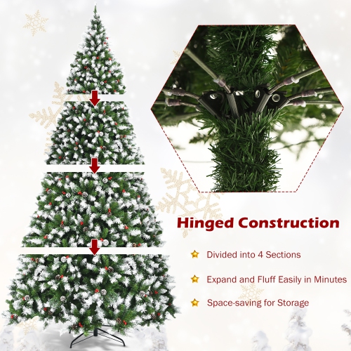 Costway 9ft Pre-lit Snowy Christmas Tree 2058 Tips w/ Pine Cones & Red Berries with 8 lighting modes