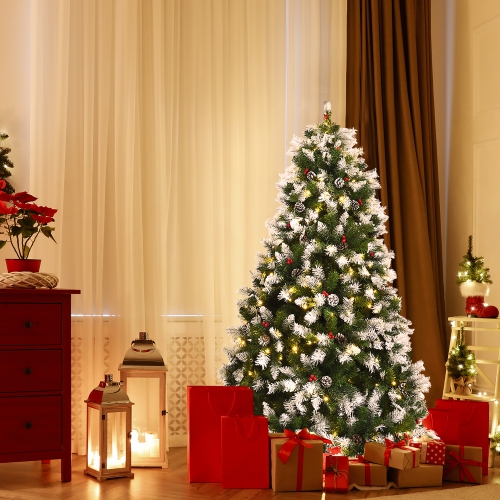 Costway 6ft Pre-lit Snowy Christmas Tree 818 Tips w/ Pine Cones & Red Berries with 8 lighting modes