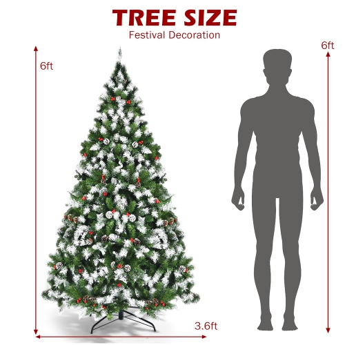 Costway 6ft Pre-lit Snowy Christmas Tree 818 Tips w/ Pine Cones & Red Berries with 8 lighting modes