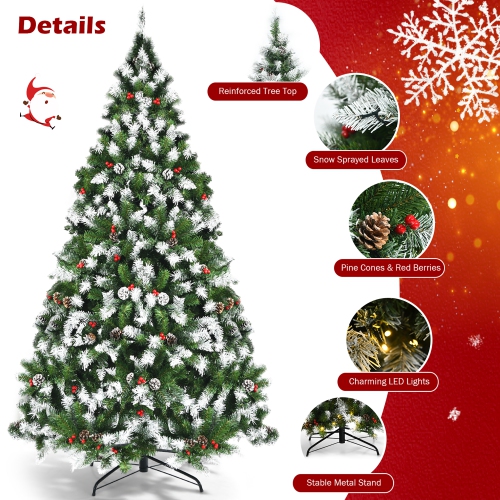 Costway 6ft Pre-lit Snowy Christmas Tree 818 Tips w/ Pine Cones & Red Berries with 8 lighting modes