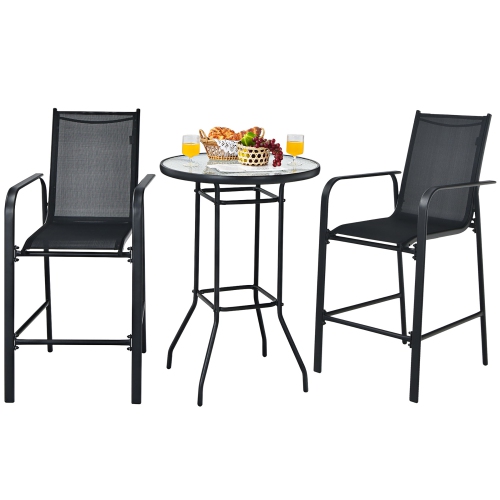 Costway 3 PCS Outdoor Patio Bar Table Stool Set Height Tempered Glass Top