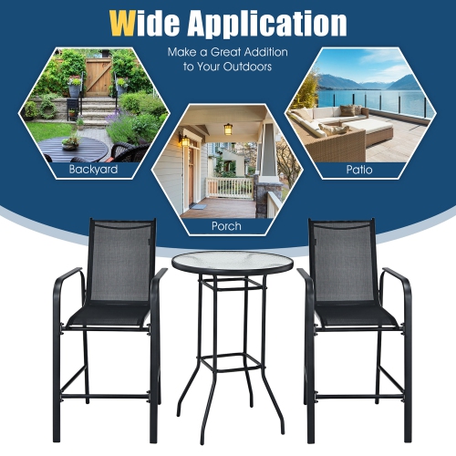 Costway 3 PCS Outdoor Patio Bar Table Stool Set Height Tempered Glass Top