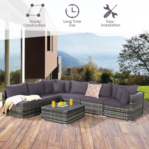 Ensemble de meubles de jardin en rotin, 7 pièces, coussin de canapé modulaire
