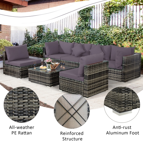 Ensemble de meubles de jardin en rotin, 7 pièces, coussin de canapé modulaire