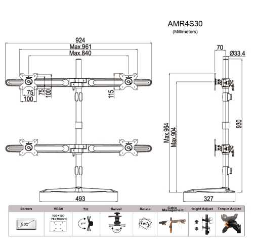 Amer Mounts - Quad monitor stand for up to 32" displays VESA mounting support - AMR4S30