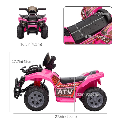 Aosom 6V Kids ATV Quad, 4 Wheeler Battery Powered Electric Ride on Car with Music, Forward, for Boys and Girls Ages 18-36 Months, Pink