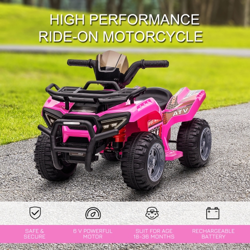 Aosom 6V Kids ATV Quad, 4 Wheeler Battery Powered Electric Ride on Car with Music, Forward, for Boys and Girls Ages 18-36 Months, Pink