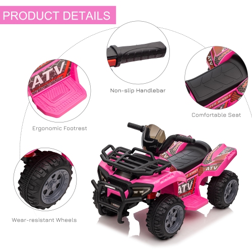 Aosom 6V Kids ATV Quad, 4 Wheeler Battery Powered Electric Ride on Car with Music, Forward, for Boys and Girls Ages 18-36 Months, Pink