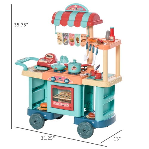 Qaba 50 Pcs Kids Fast Food Shop Cart Cash Register Toy, Pretend Playset Multi-Functional Kitchen Supermarket Toys Trolley Set with Ice Cream Gift for
