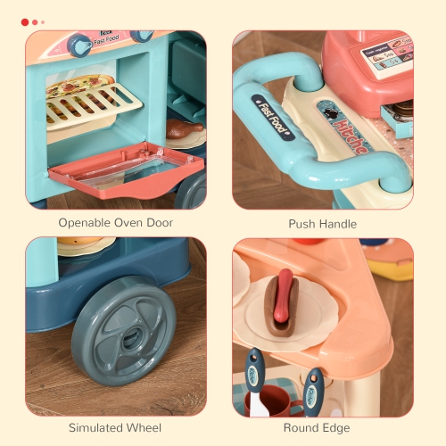 Qaba 50 Pcs Kids Fast Food Shop Cart Cash Register Toy, Pretend Playset Multi-Functional Kitchen Supermarket Toys Trolley Set with Ice Cream Gift for