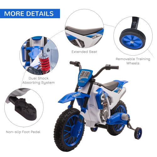 Aosom Kids Dirt Bike Battery-Powered Ride-On Electric Motorcycle with Charging 12V Battery, Training Wheels Blue