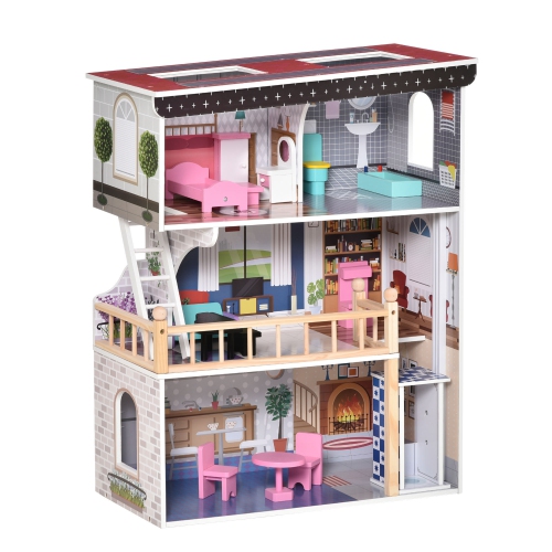 Qaba 13 PCS Kids 3-Story Dollhouse, Dreamhouse Villa, for Toddler, Little Girls, Multi-level House, with Elevator, Furniture Accessories Kit, for 3-6