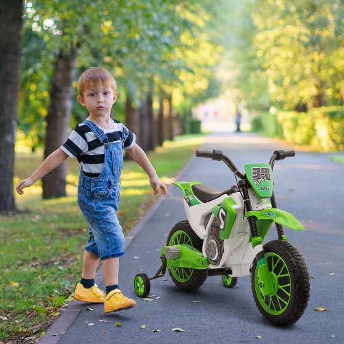 Aosom Kids Dirt Bike Battery-Powered Ride-On Electric Motorcycle with Charging 12V Battery, Training Wheels Green