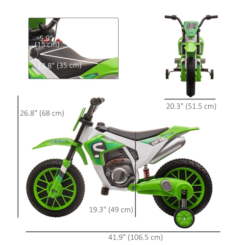 Aosom Kids Dirt Bike Battery-Powered Ride-On Electric Motorcycle with Charging 12V Battery, Training Wheels Green