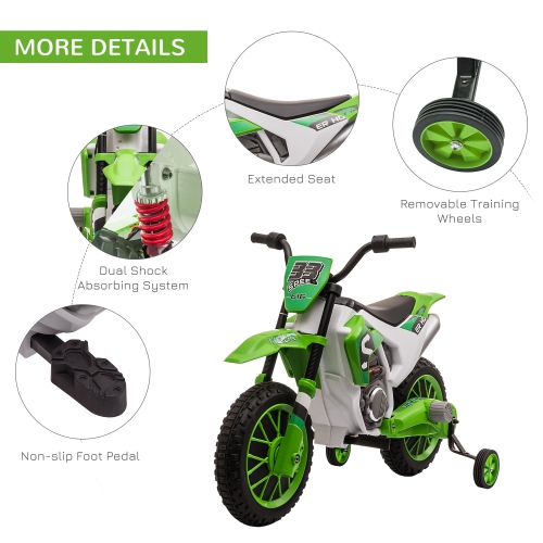 Aosom Kids Dirt Bike Battery-Powered Ride-On Electric Motorcycle with Charging 12V Battery, Training Wheels Green