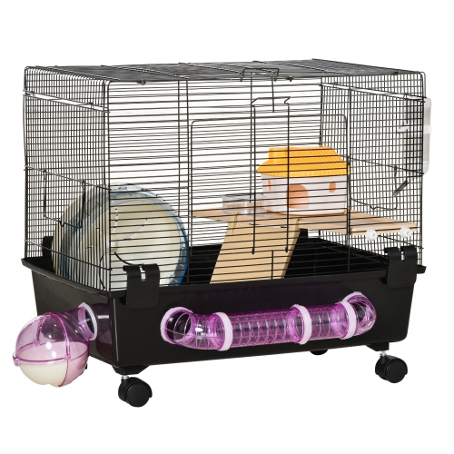 PawHut Hamster Cage, Gerbil Haven, Multi-storey Rodent House, Small Animal Habitats, Large Hide-out, w/ Water Bottle, Tubes, Exercise Wheel, Food Dis