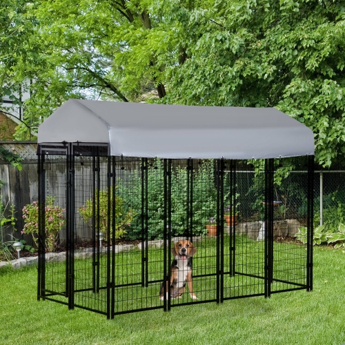 PawHut 8' x 4' x 6' Dog Run Outdoor, Large Outdoor Dog Kennel Welded Wire Steel Fence with UV-Resistant & Waterproof Cover, Secure Lock, Silver