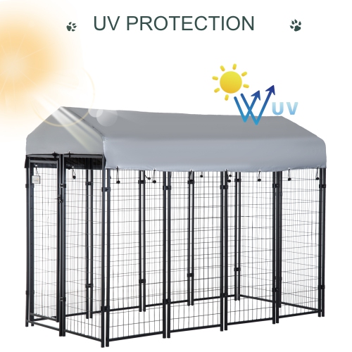 PawHut 8' x 4' x 6' Dog Run Outdoor, Large Outdoor Dog Kennel Welded Wire Steel Fence with UV-Resistant & Waterproof Cover, Secure Lock, Silver