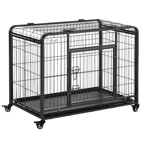 Pawhut - Cage chiens pliable sur roulettes 2 portes verrouillables métal  gris noir
