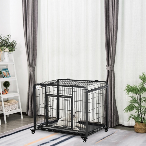 PawHut Folding Heavy Duty Dog Crate Heavy Duty Cage for Medium Sized Dogs with Double Doors, Lockable Wheels Tray, 37" x 23" x 27"
