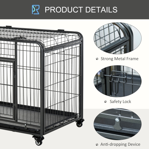 PawHut Folding Heavy Duty Dog Crate Heavy Duty Cage for Medium Sized Dogs with Double Doors, Lockable Wheels Tray, 37" x 23" x 27"