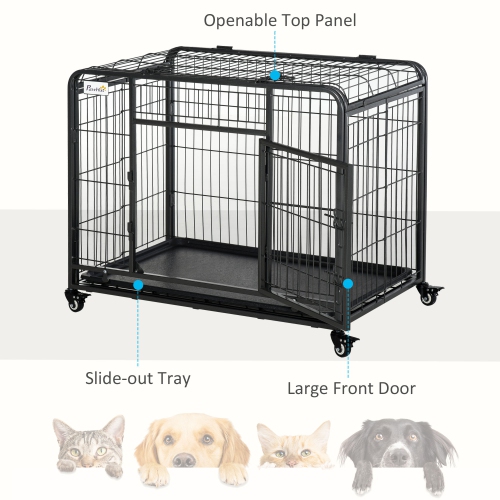 PawHut Folding Heavy Duty Dog Crate Heavy Duty Cage for Medium Sized Dogs with Double Doors, Lockable Wheels Tray, 37" x 23" x 27"