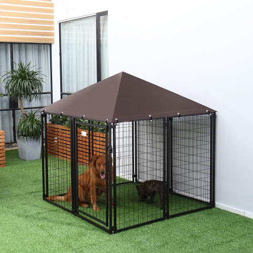 PawHut Outdoor Dog Kennel, Welded Wire Steel Fence, Lockable Pet Playpen Crate, with Water-, UV-Resistant Canopy Top, Door, 4.6ft x 4.6ft x 5ft, Black